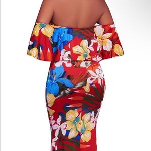 Suimiki Ruffle Plain Floral Printed Off Shoulder Bodycon Long Party Maxi Dress